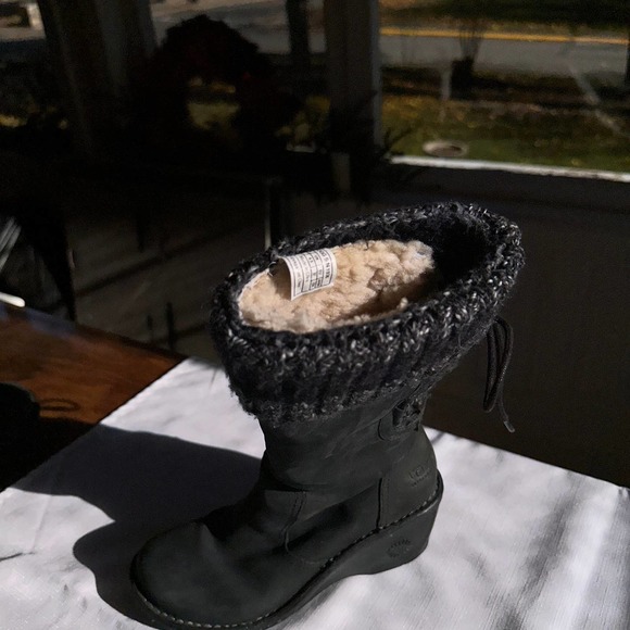 UGG - Skylar Wedge Boots, Black Suede Leather and knitted cuff, Size: US6/EU37 - Picture 9 of 10